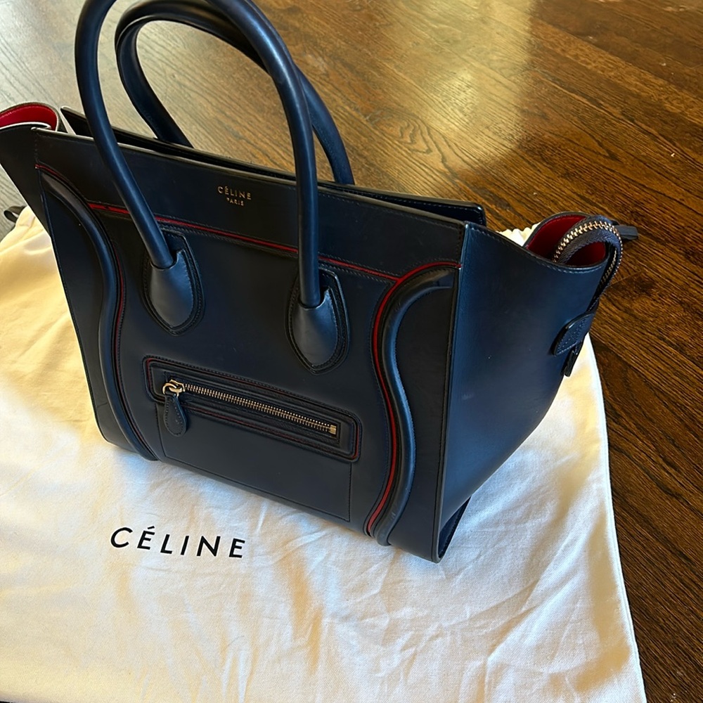 Authentic Celine Handbag Leather Luggage Micro Shopper Navy Red Large